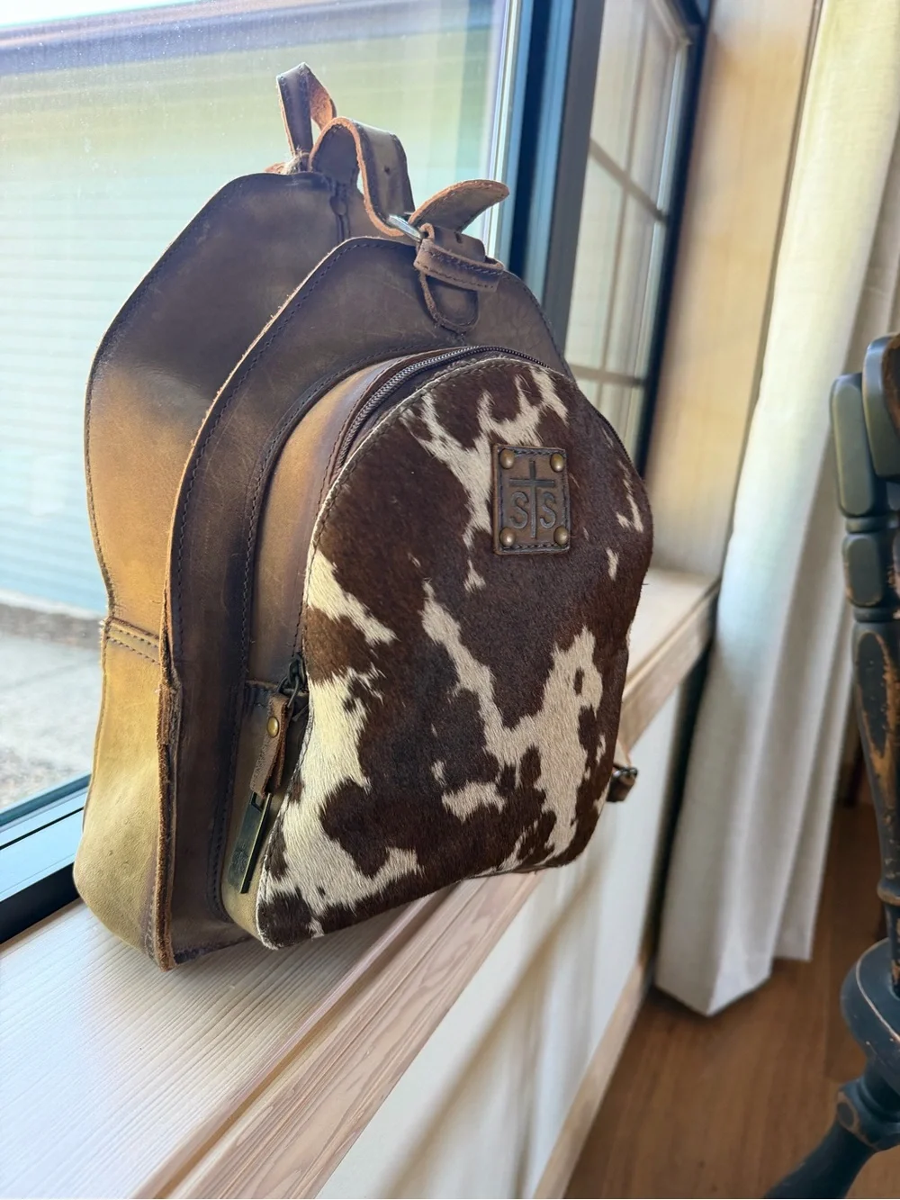 STS Ranchwear Brown Leather and Brown/White Cowhide Mini Backpack